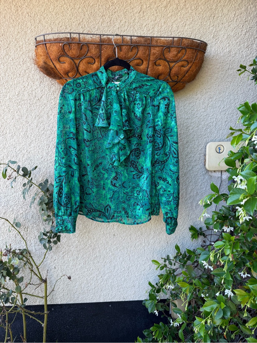Zara Green Paisley Ruffle Tie-Neck Blouse